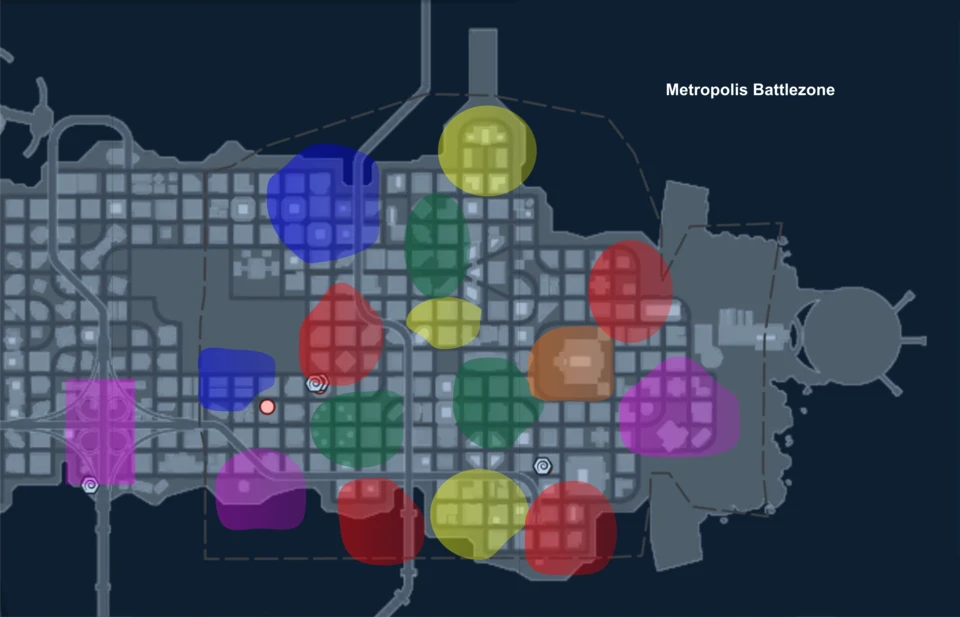 Metropolis Battlezone with areas held by the Lantern Corps
