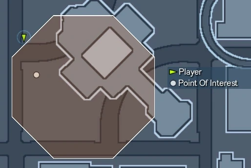 The player is at the Metahuman Escapee. Orange octagon is the mission area.