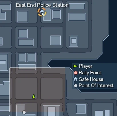 A map of this mission. The white dot to the south is Bane's Distribution Center. The player is at the location of the detective. The orange area is where the player could easily find Hoppers.