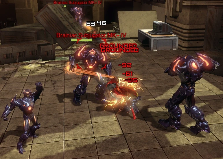 A player fighting a group of Brainiac's robots.