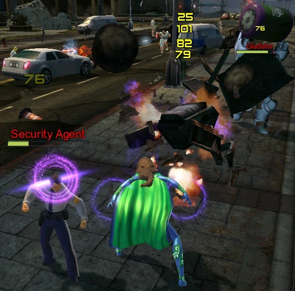 A player battling LexCorp forces.